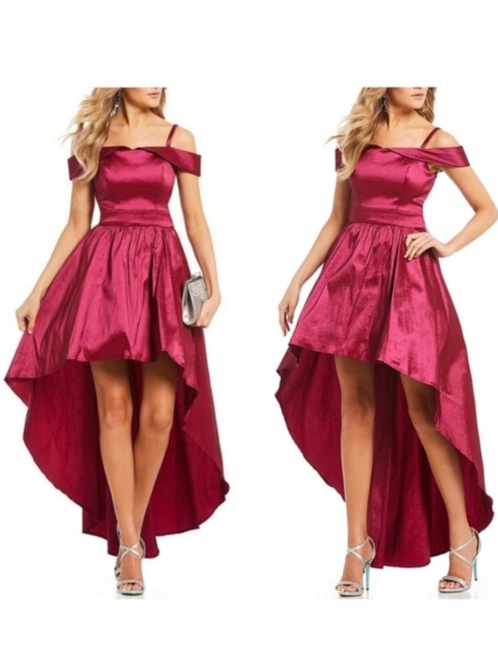 B Darlin Off-Shoulder High-Low Satin Dress in Berry